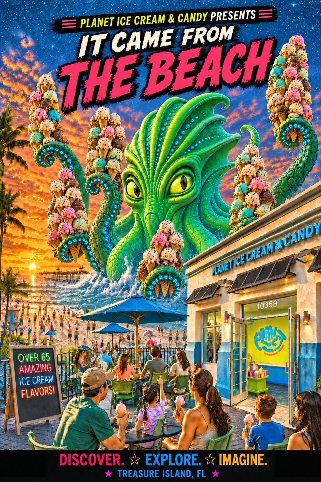 It Came From the Beach, Planet artwork with a cosmic creature, towering ice cream cones, and a beachside Planet shop