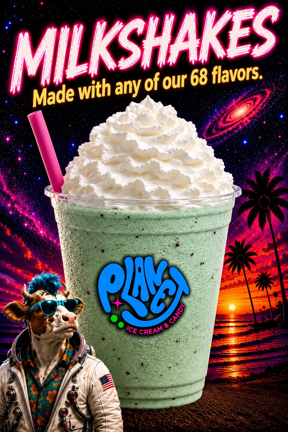 Planet poster with a green milkshake topped with whipped cream, the cow in a spacesuit, and a beach sunset.