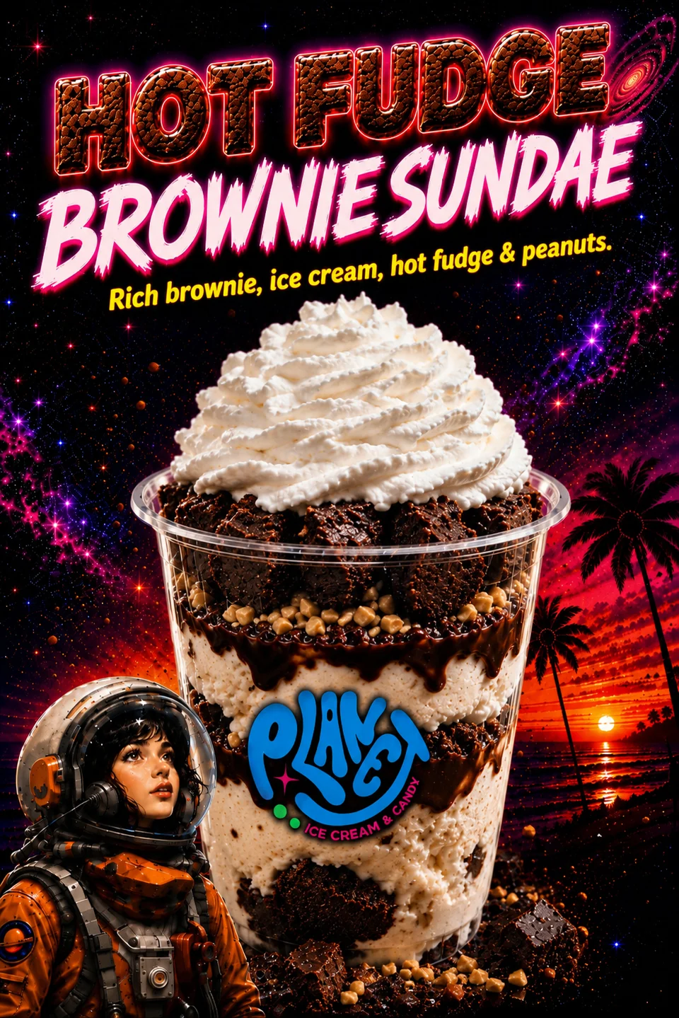 Planet poster with a layered chocolate sundae, whipped cream, an astronaut girl, and a beach sunset.