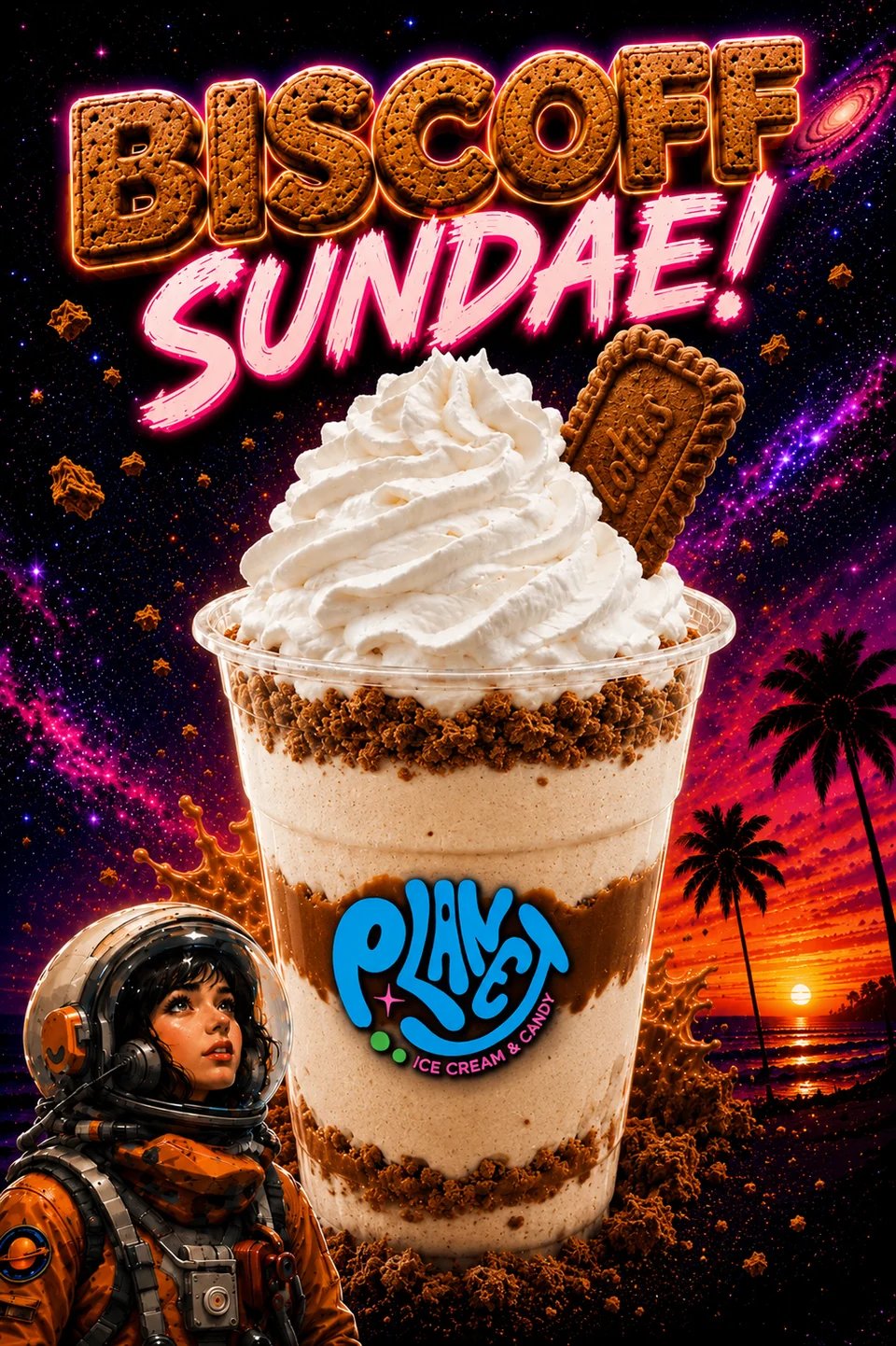 Planet Biscoff sundae poster with a layered cookie sundae, whipped cream, Biscoff cookies, and an astronaut girl.