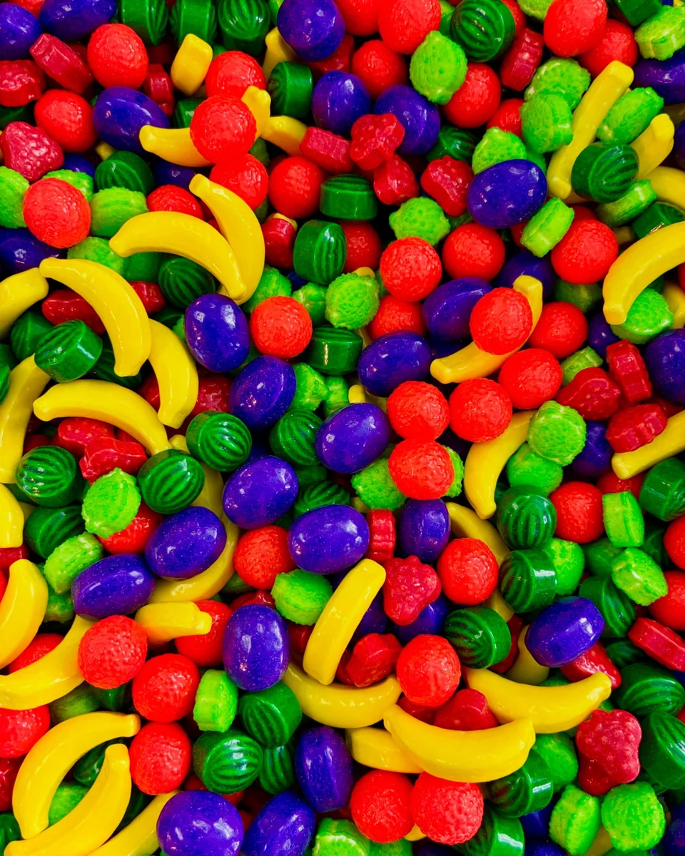 Small glossy candies shaped like bananas, strawberries, and other fruit, in yellow, red, green, orange, and purple.