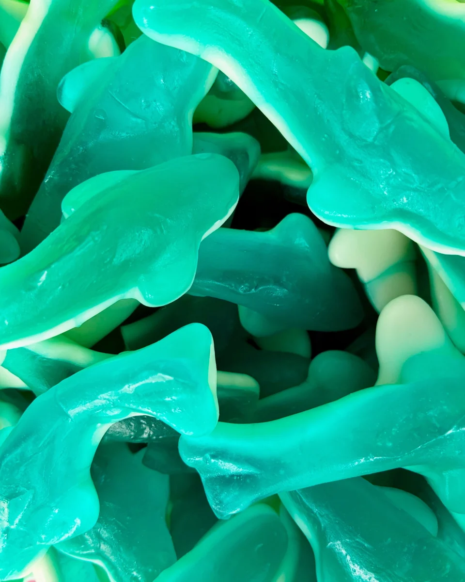 A close-up pile of turquoise shark-shaped gummies with white undersides.