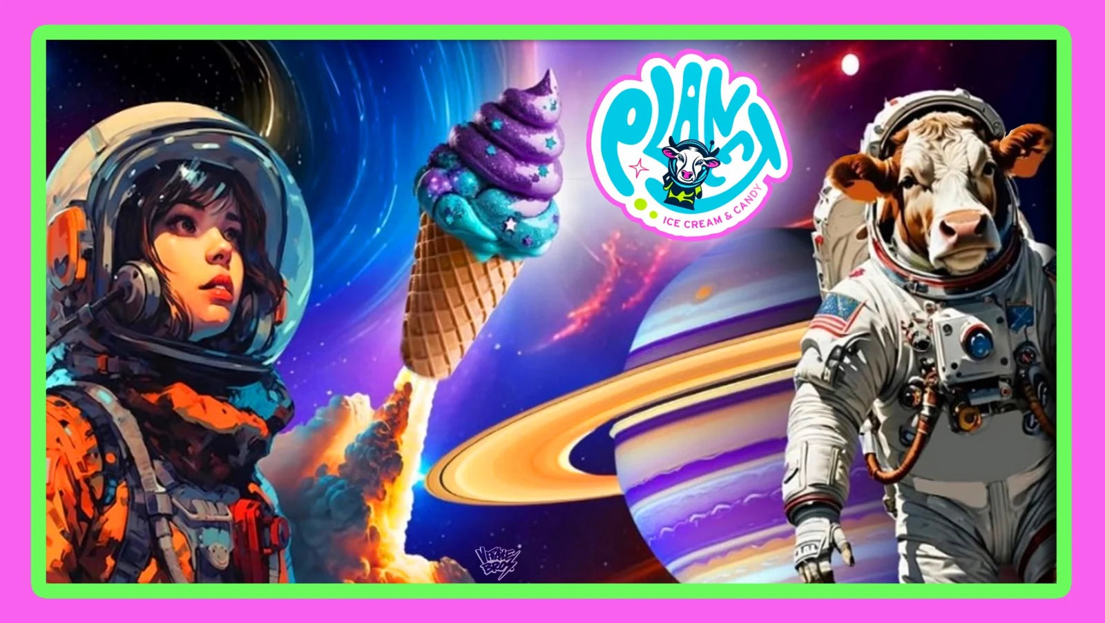 Planet artwork with an astronaut girl, a cow astronaut, a towering purple ice cream cone, a ringed planet, and the Planet logo against a starry sky.