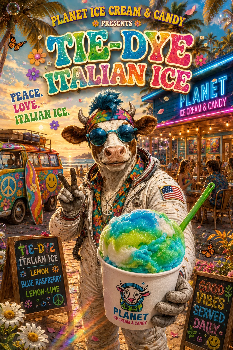 Planet poster with a cow mascot in sunglasses and patterned clothing, holding blue and green Italian ice on an illustrated beach-town street.