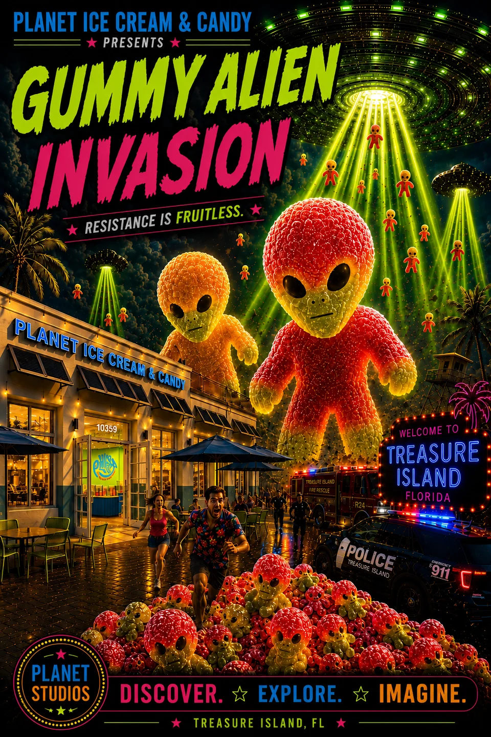A red gummy alien lit by a flying saucer over an illustrated Planet storefront.