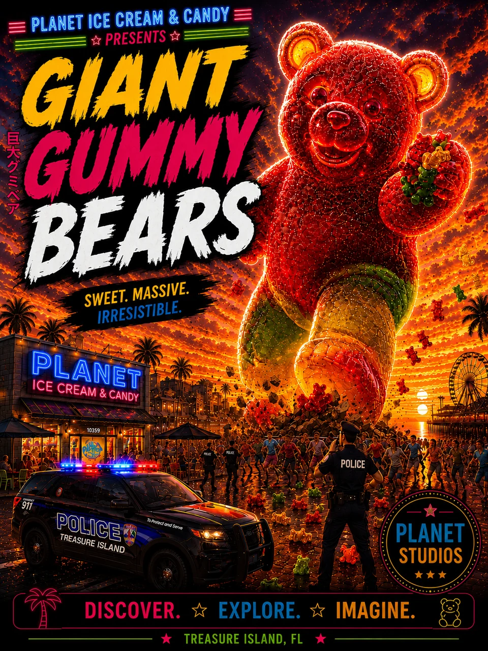 Planet poster artwork of a towering red gummy bear above a beach-town street at sunset.