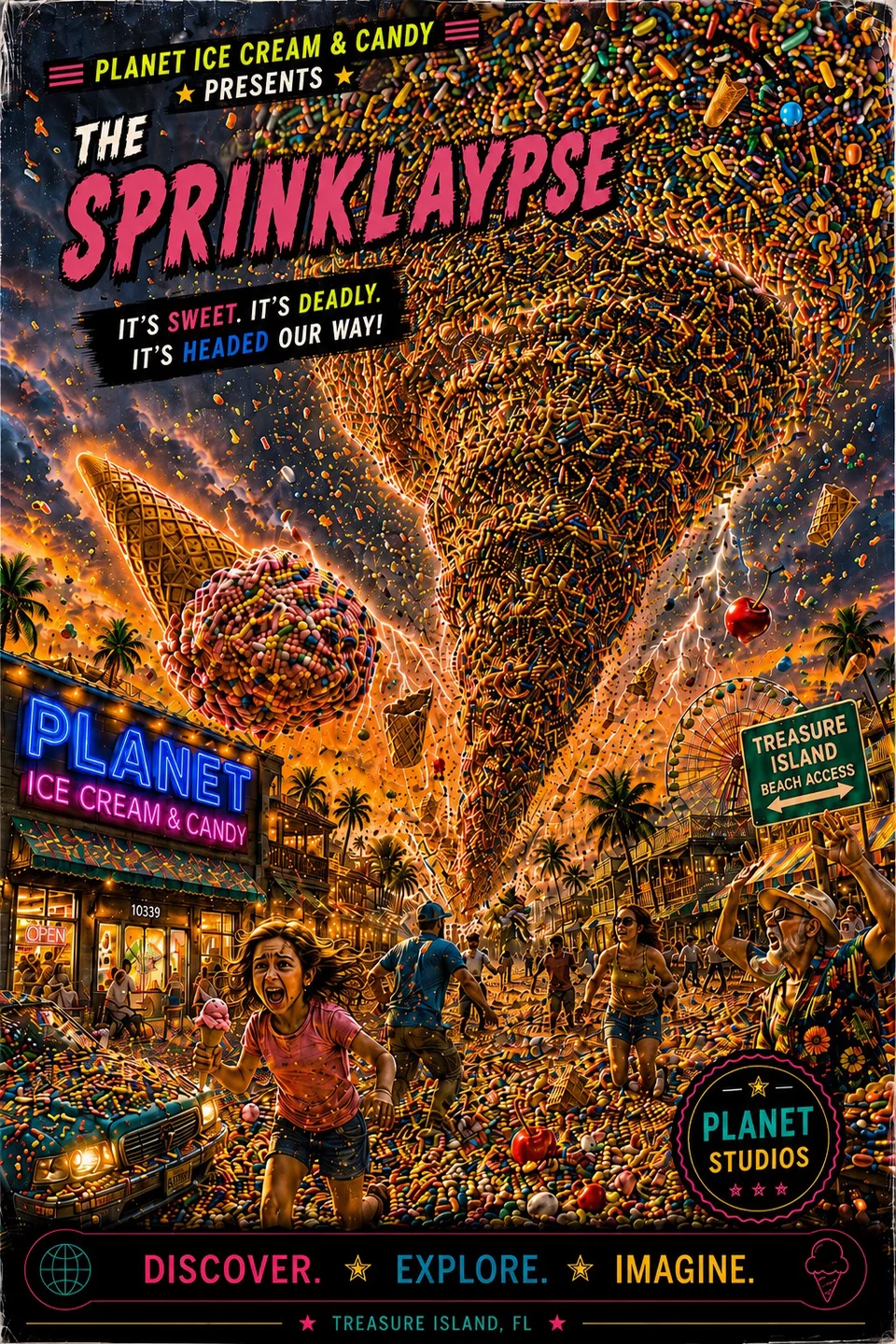 Planet poster artwork with enormous ice cream cones covered in sprinkles above a crowded illustrated storefront.