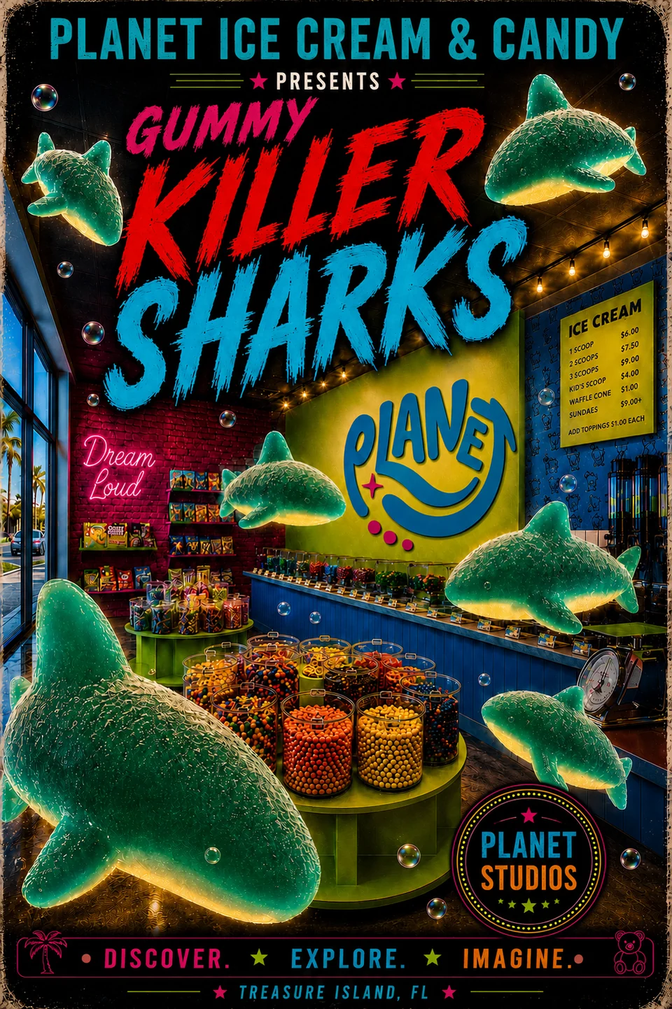 Retro Planet poster of enormous green gummy sharks approaching the colorful storefront at night.