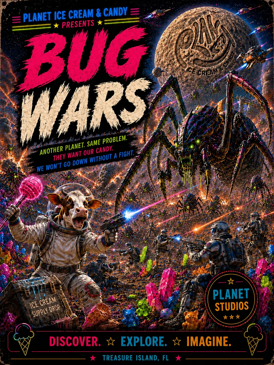Planet science-fiction poster with a giant insect, a cow astronaut, and an astronaut girl beneath the title Bug Wars.