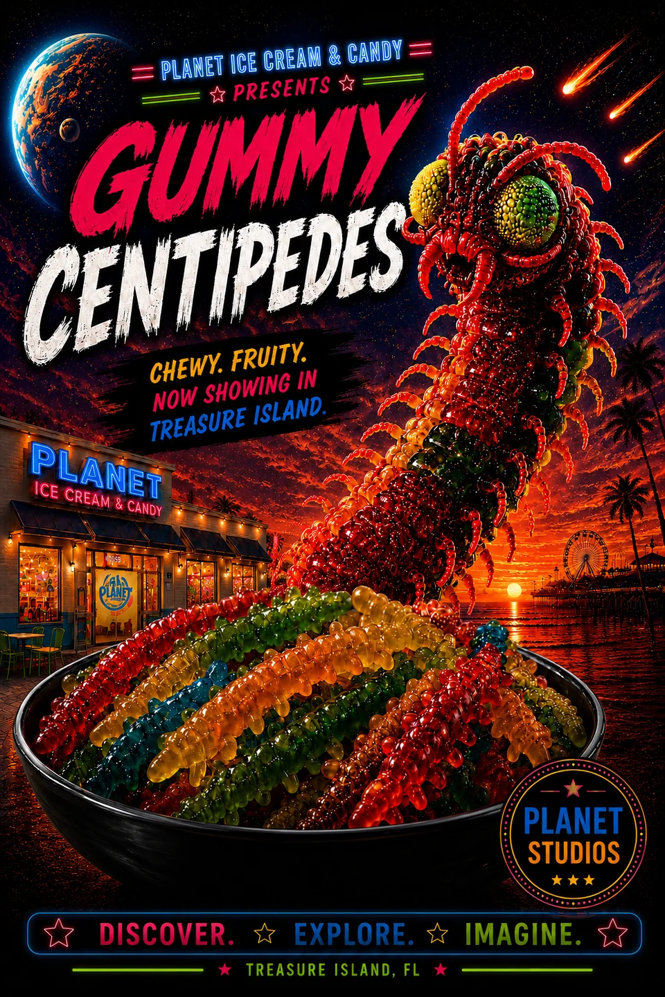 Planet poster with an enormous red gummy centipede above rainbow gummy candies and the nighttime storefront.